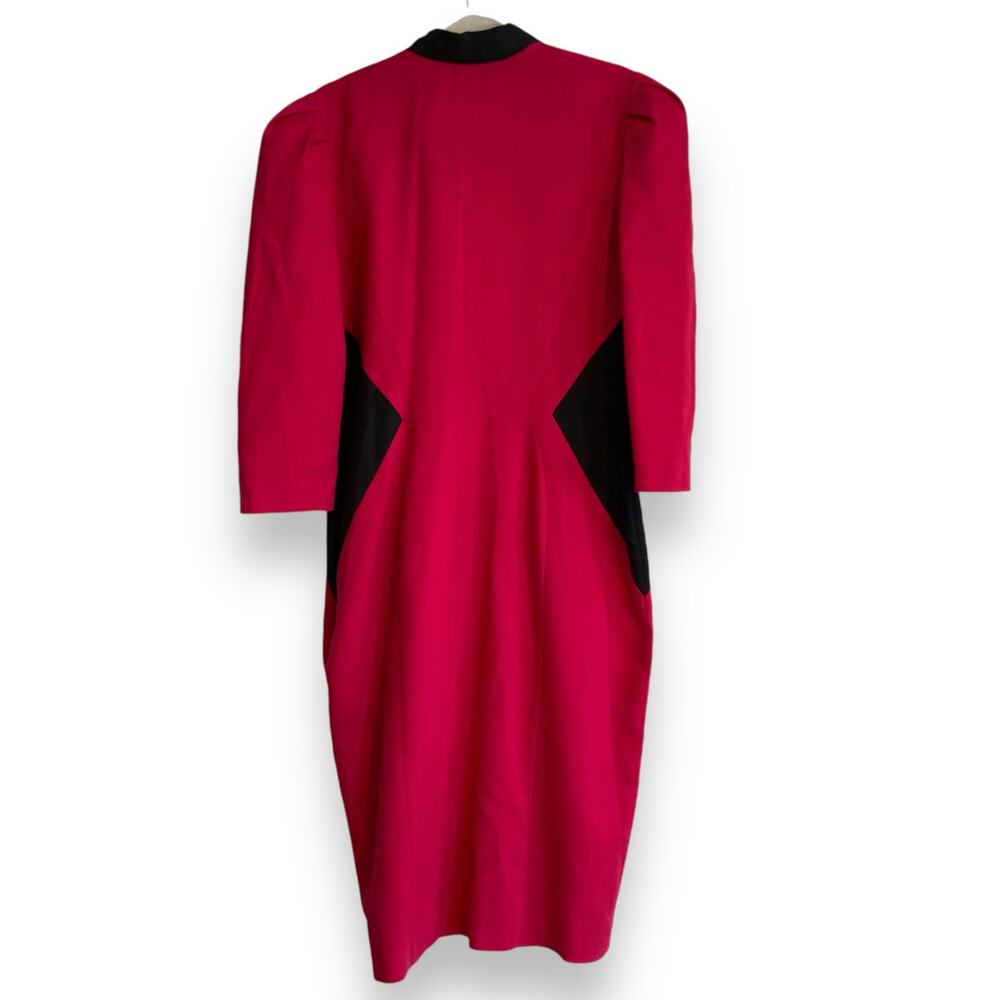 Vintage 80s Pink Black Cloth Button Collar V Neck Boxy Oversize Dress Sz Medium - Picture 2 of 16